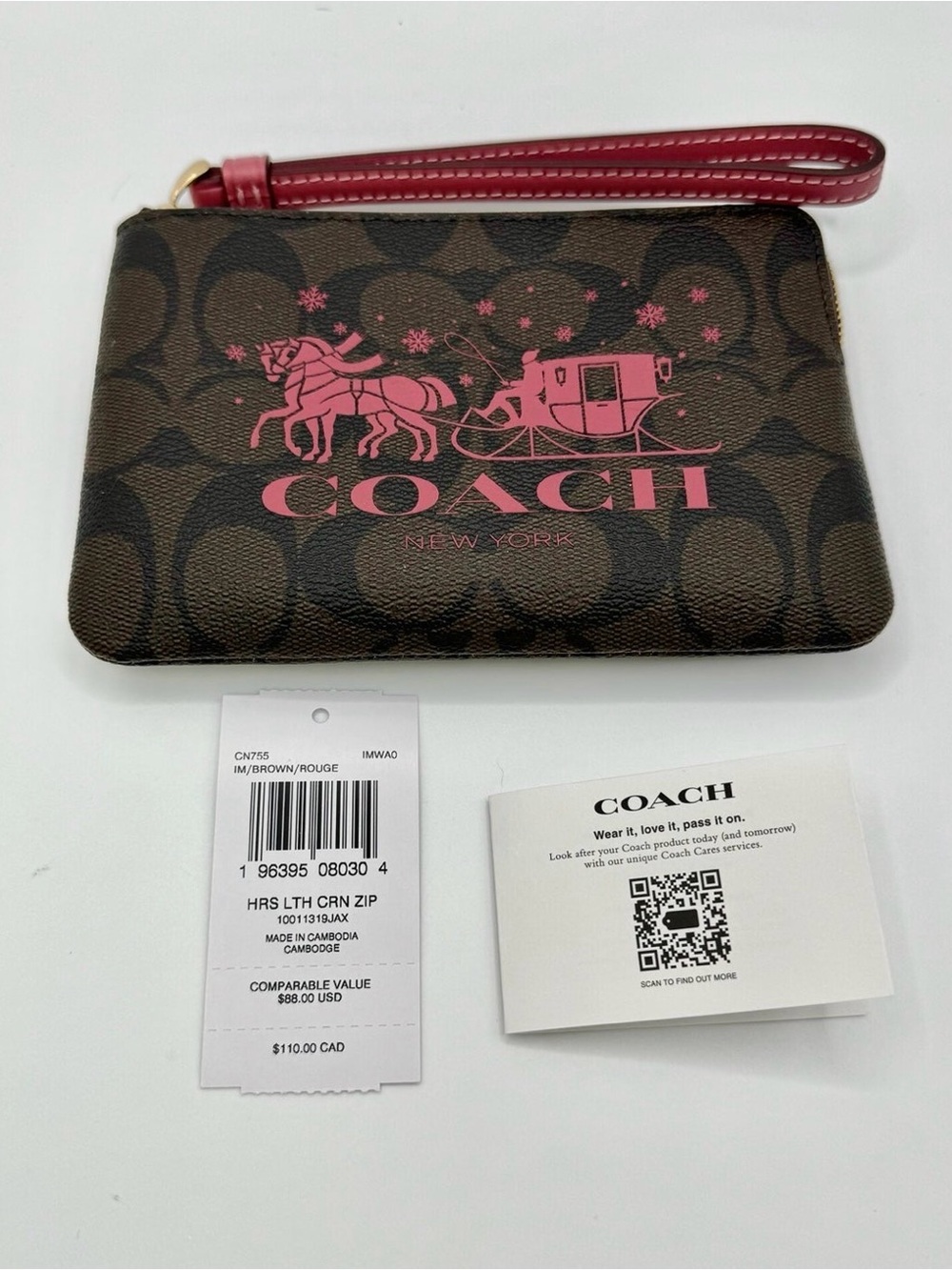 Coach Brown Signature Canvas Wristlet with Pink Logo and Strap